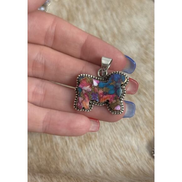 Native American SW Sterling Silver Pink Dahlia Turquoise Cow Bull Steer Pendant - Picture 1 of 8